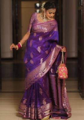 Purple Printed Silk Blend Saree Set