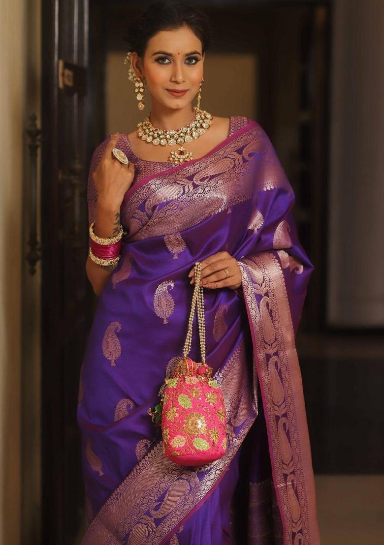Purple Printed Silk Blend Saree Set - Indya