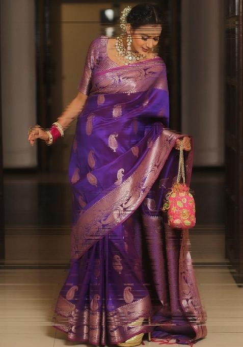 Purple Printed Silk Blend Saree Set