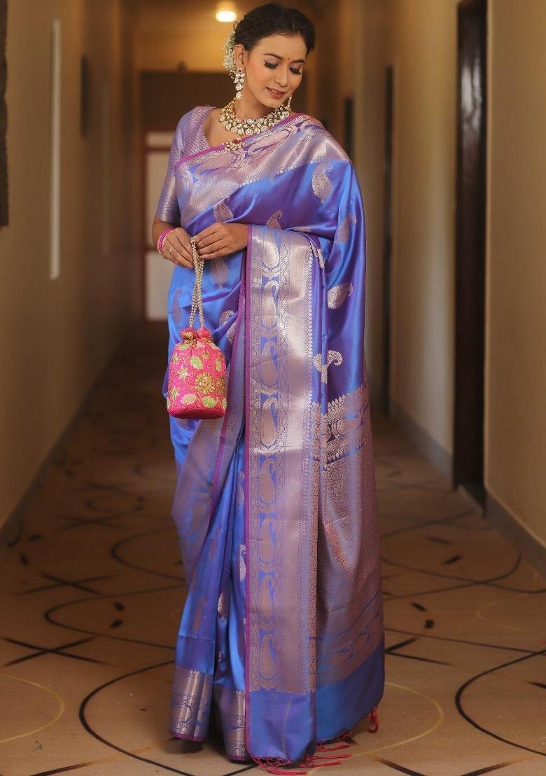 Royal Blue Printed Silk Blend Saree Set - Indya