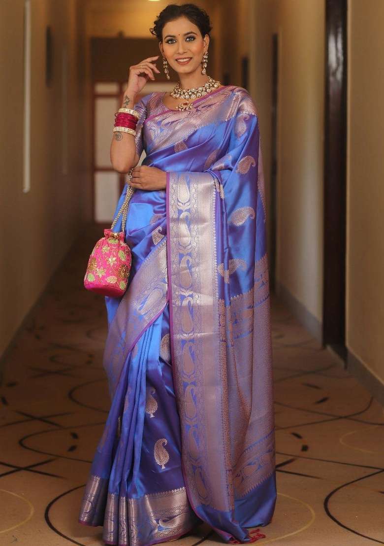 Royal Blue Silk Blend Saree Set with Printed for Diwali | Wedding & Festive Wear - Indya