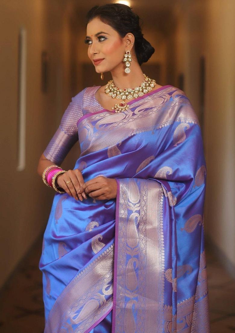 Royal Blue Printed Silk Blend Saree Set - Indya