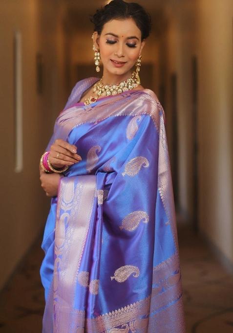 Royal Blue Printed Silk Blend Saree Set