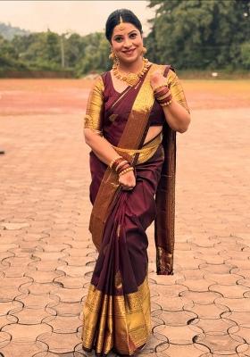 Brown Printed Silk Blend Saree Set