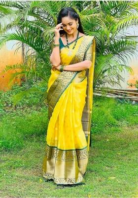 Yellow Printed Silk Blend Saree Set