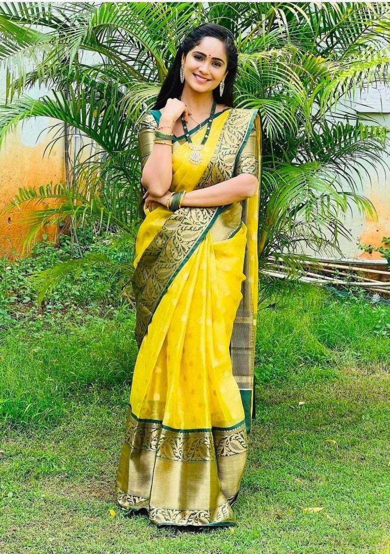 Yellow Printed Silk Blend Saree Set - Indya