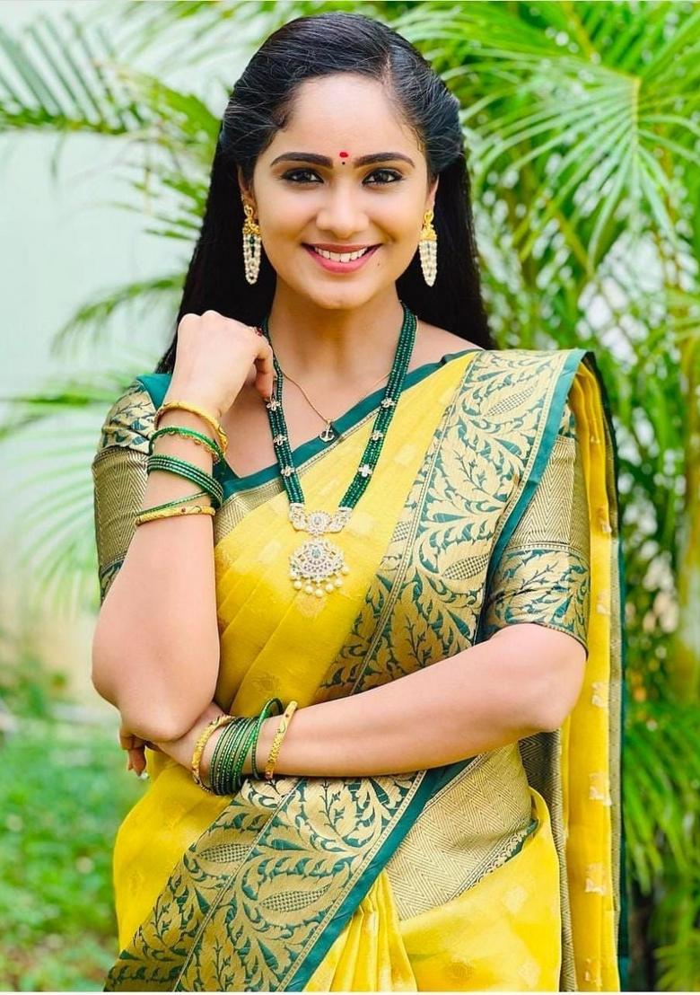 Yellow Printed Silk Blend Saree Set - Indya