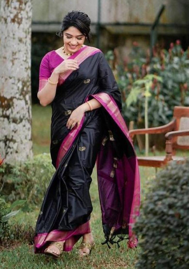 Black Printed Silk Blend Saree Set - Indya
