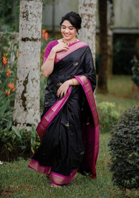 Black Printed Silk Blend Saree Set