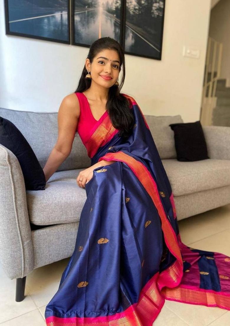 Blue Printed Silk Blend Saree Set - Indya