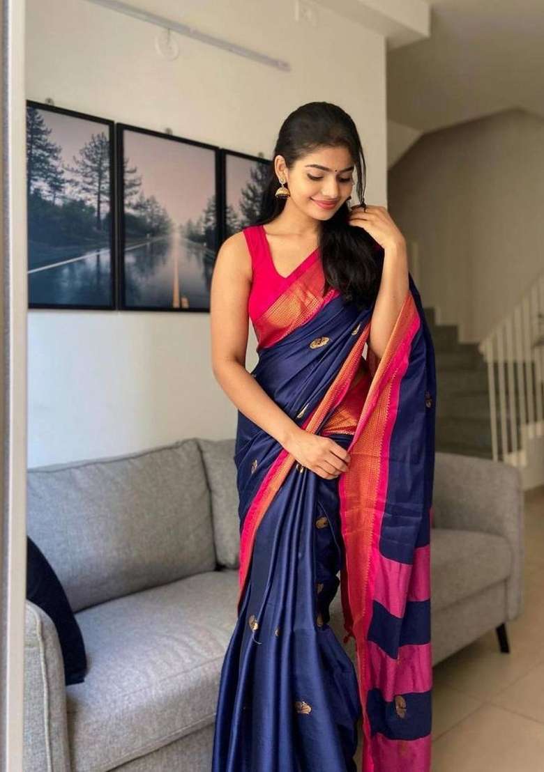 Blue Printed Silk Blend Saree Set for Diwali and Festive Wear - Indya