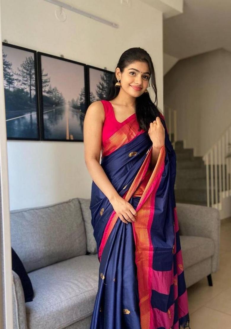 Blue Printed Silk Blend Saree Set - Indya