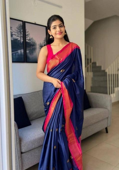 Blue Printed Silk Blend Saree Set
