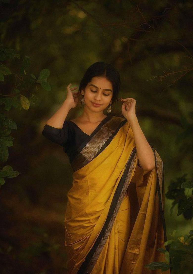 Mustard Printed Silk Blend Saree Set - Indya