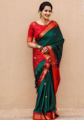 Green Printed Silk Blend Saree Set
