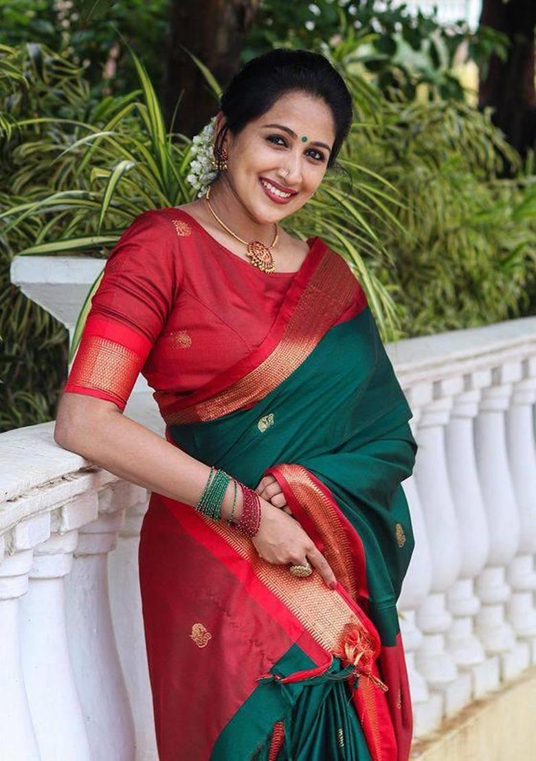 Green Printed Silk Blend Saree Set - Indya