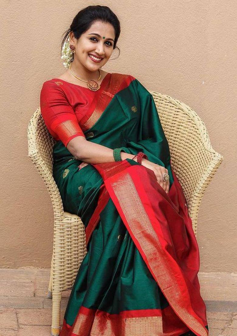Green Printed Silk Blend Saree Set - Indya
