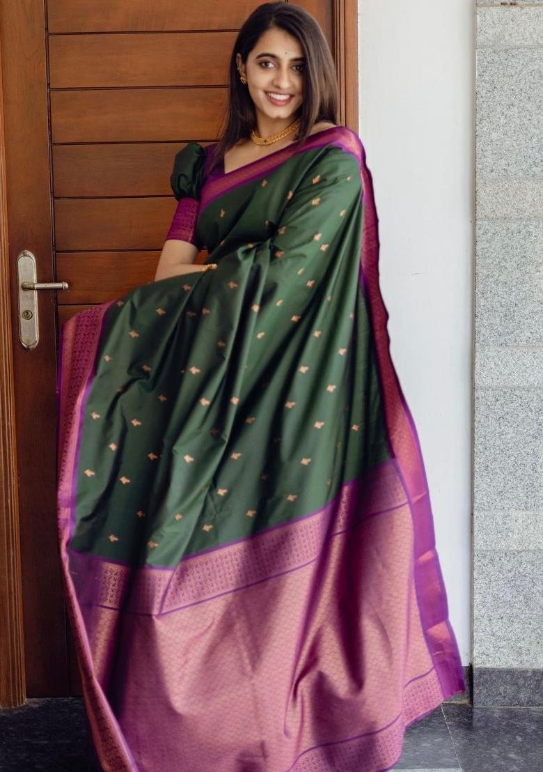 Green Printed Silk Blend Saree Set - Indya