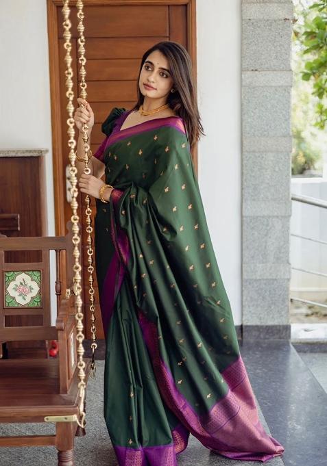Green Printed Silk Blend Saree Set