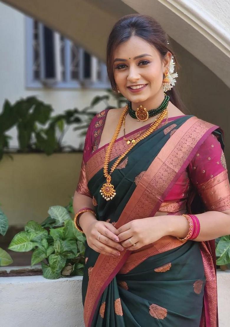 Green Printed Silk Blend Saree Set - Indya