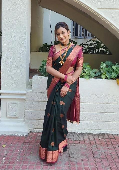 Green Printed Silk Blend Saree Set