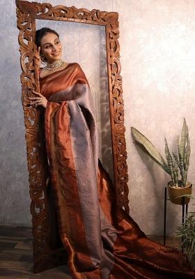 Grey Printed Silk Blend Saree Set