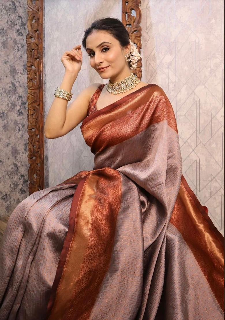 Grey Printed Silk Blend Saree Set - Indya