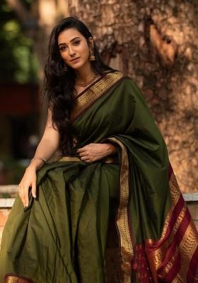 Green Printed Silk Blend Saree Set