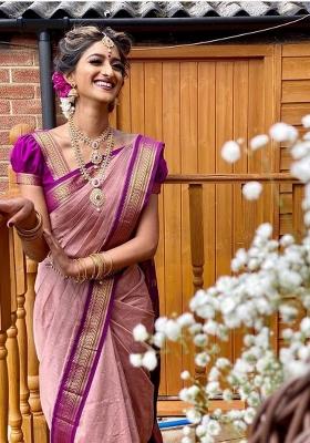 Pink Printed Silk Blend Saree Set