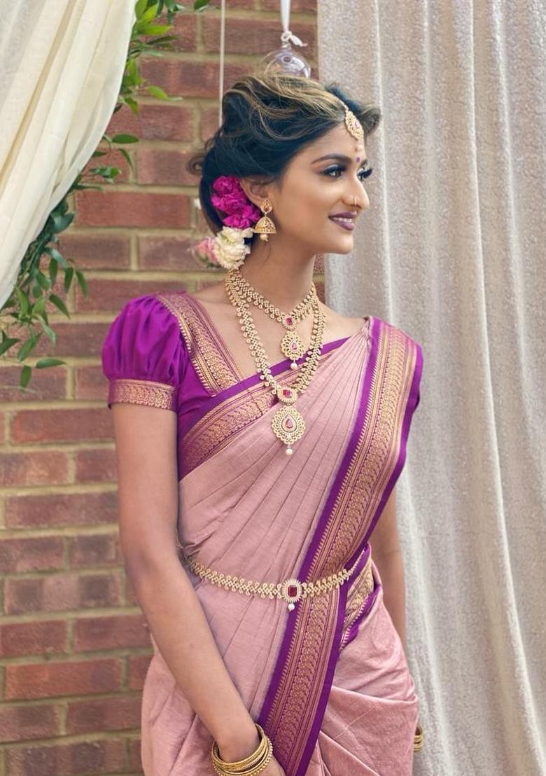 Pink Printed Silk Blend Saree Set - Indya