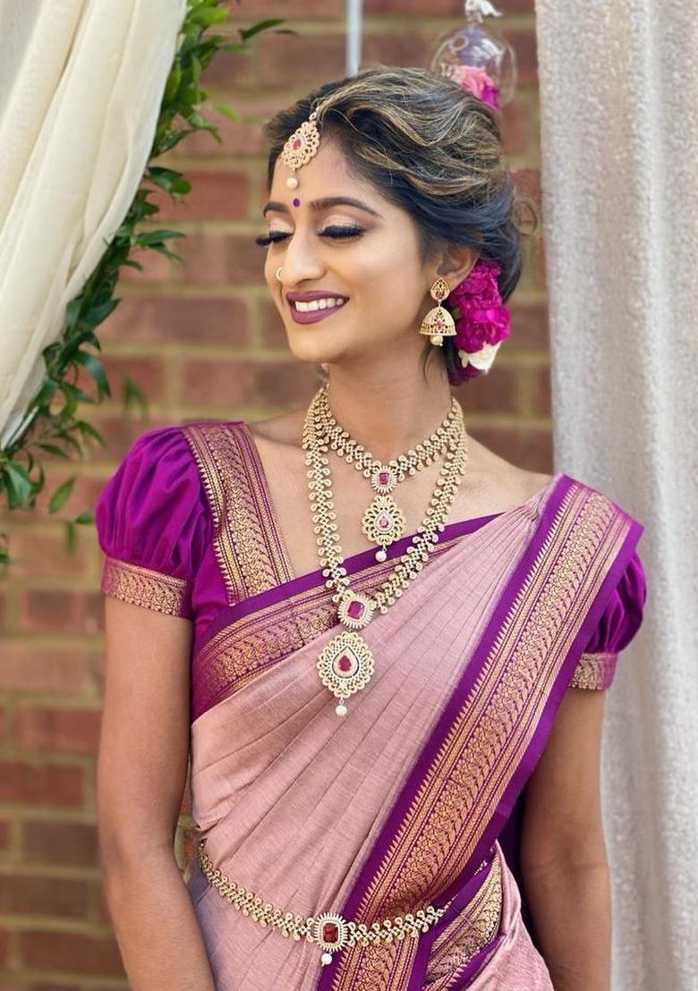 Pink Printed Silk Blend Saree Set - Indya