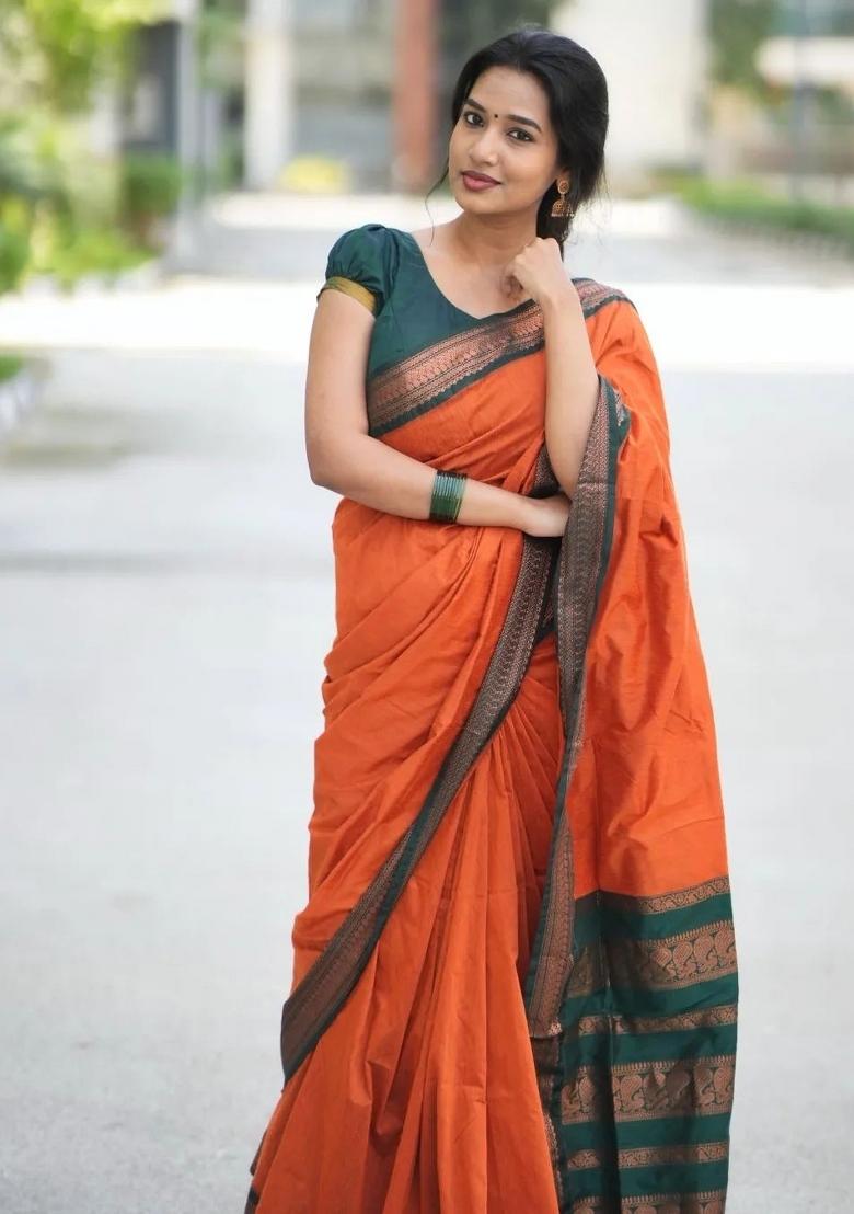Orange Printed Silk Blend Saree Set - Indya