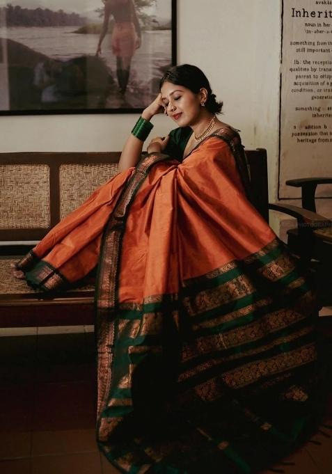 Orange Printed Silk Blend Saree Set