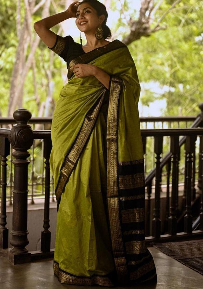 Light Green Printed Silk Blend Saree Set - Indya