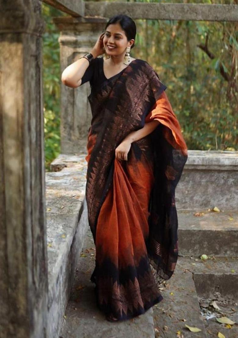Black Printed Silk Blend Saree Set - Indya