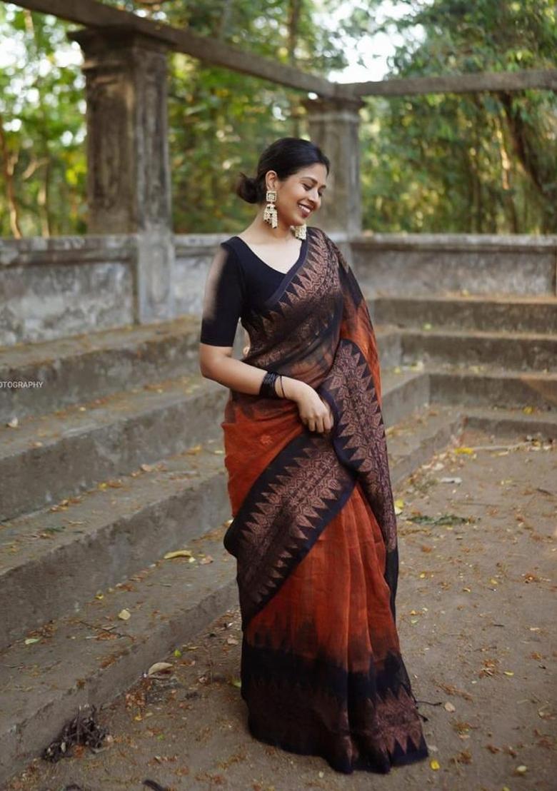 Black Printed Silk Blend Saree Set - Indya