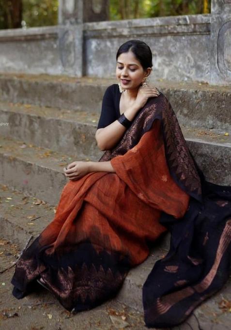 Black Printed Silk Blend Saree Set