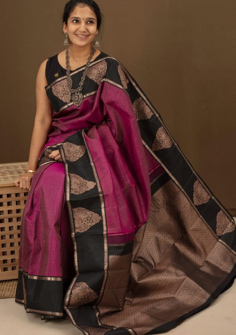 Pink Printed Silk Blend Saree Set - Indya