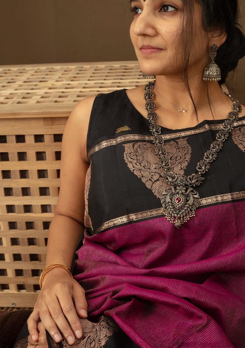 Pink Printed Silk Blend Saree Set - Indya