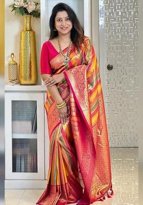 Multicolor Printed Silk Blend Saree Set