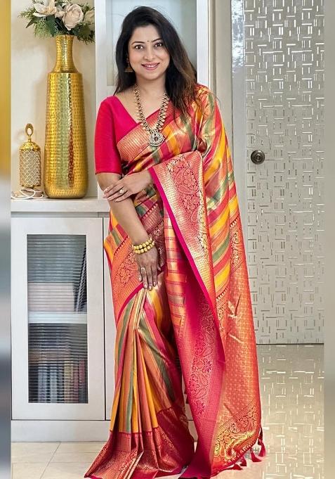 Multicolor Printed Silk Blend Saree Set