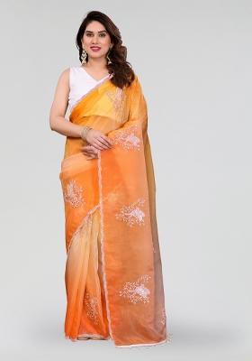 Orange Yellow Embroidered Silk Blend Saree Set