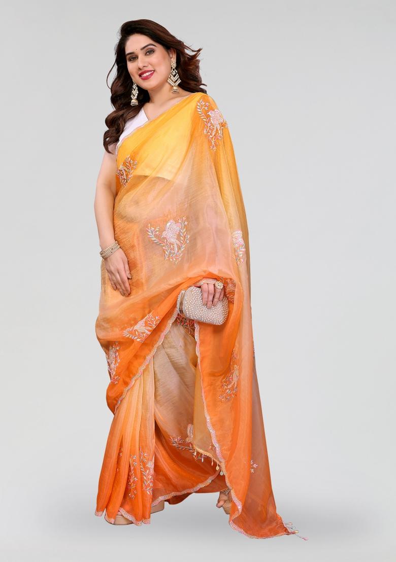 Orange Yellow Embroidered Silk Blend Saree Set - Indya