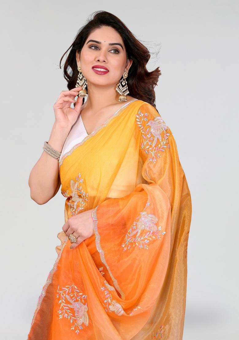 Orange Yellow Embroidered Silk Blend Saree Set - Indya