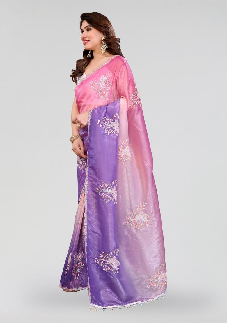 Pink Lavender Embroidered Silk Blend Saree Set - Indya
