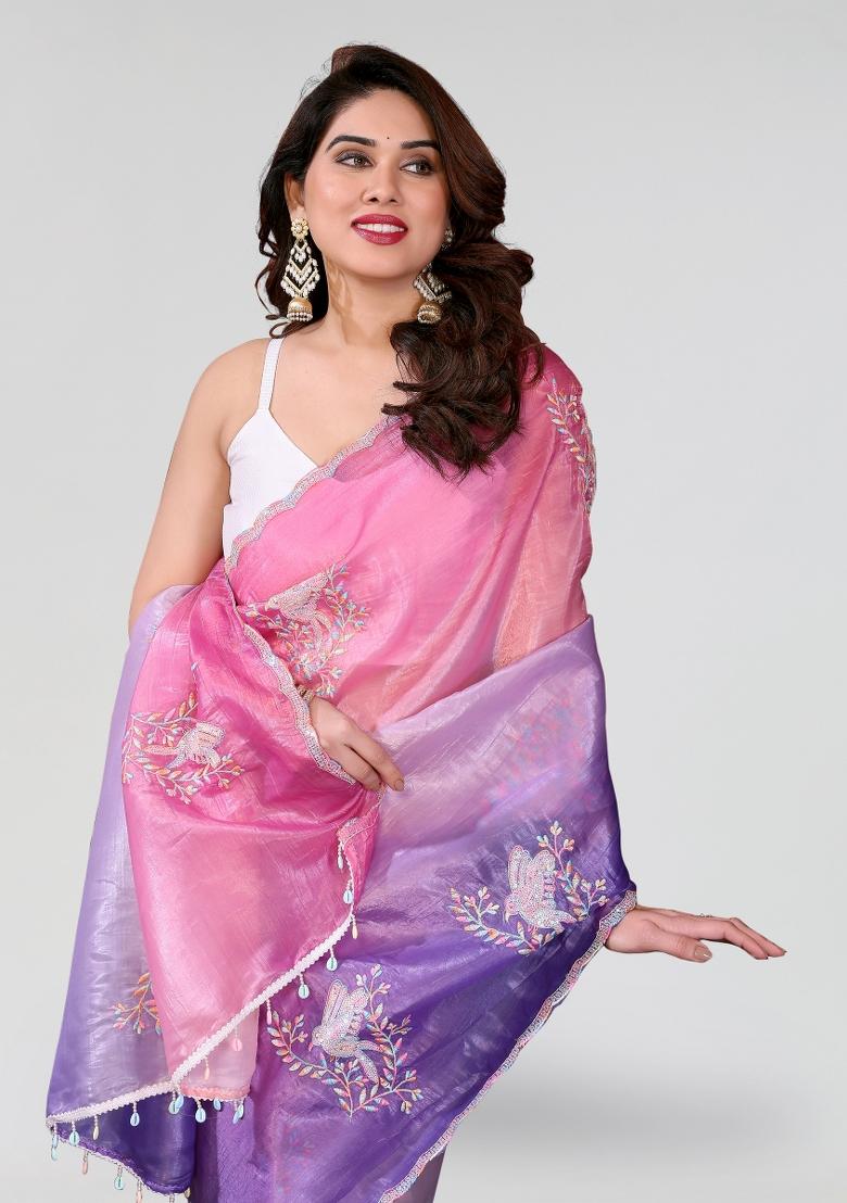 Pink Lavender Embroidered Silk Blend Saree Set - Indya