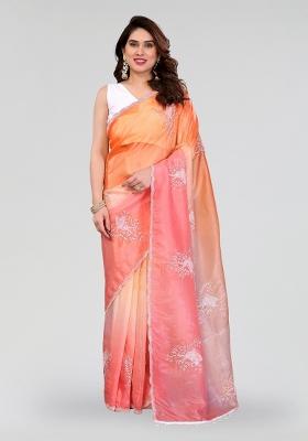 Pink Orange Embroidered Silk Blend Saree Set