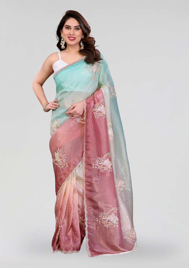 Rama Embroidered Silk Blend Saree Set for Diwali and Festive Wear - Indya
