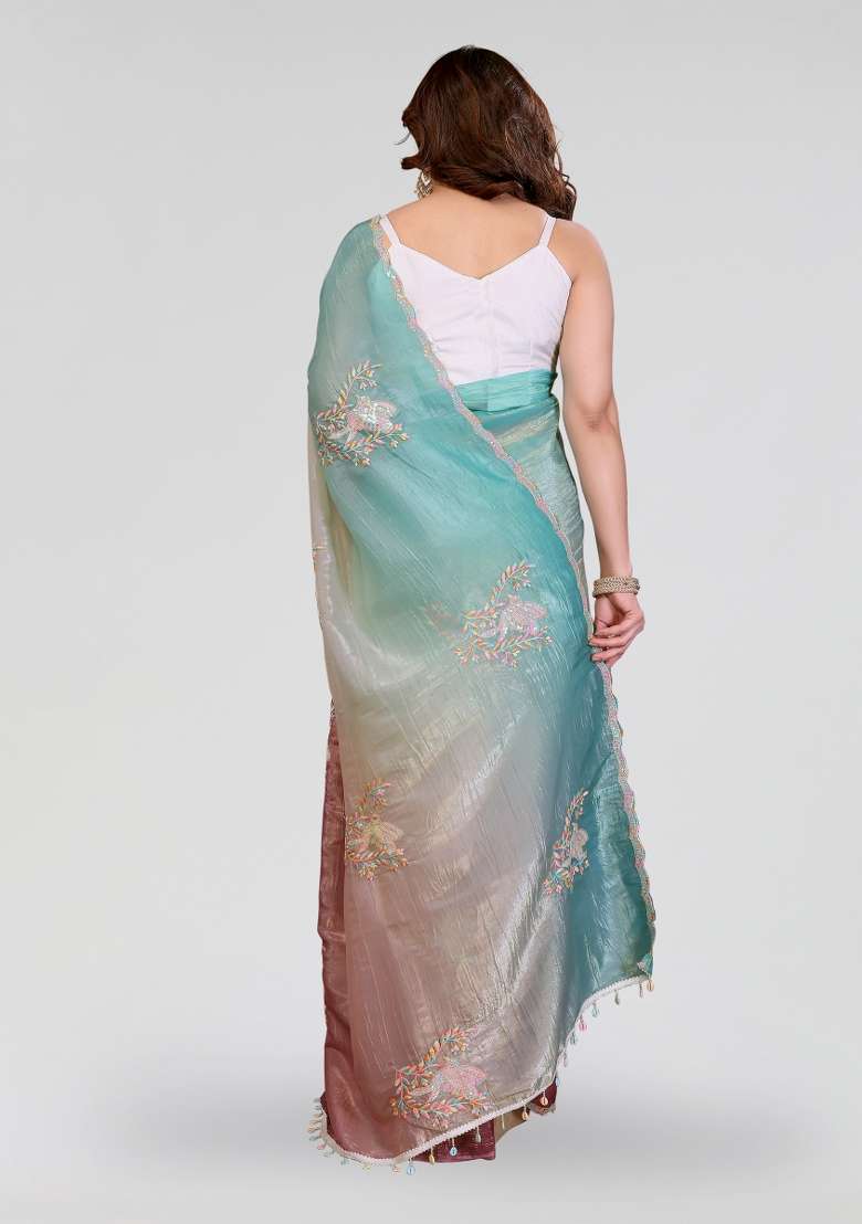 Rama Embroidered Silk Blend Saree Set for Diwali and Festive Wear - Indya