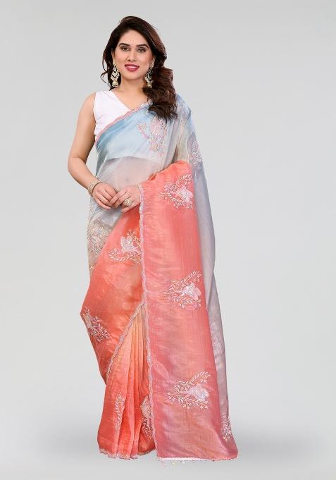 Rama Peach Embroidered Silk Blend Saree Set